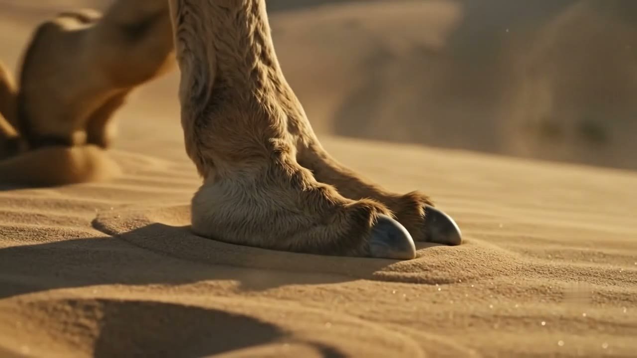 Close on a camel's foot breaking the crust of a dune